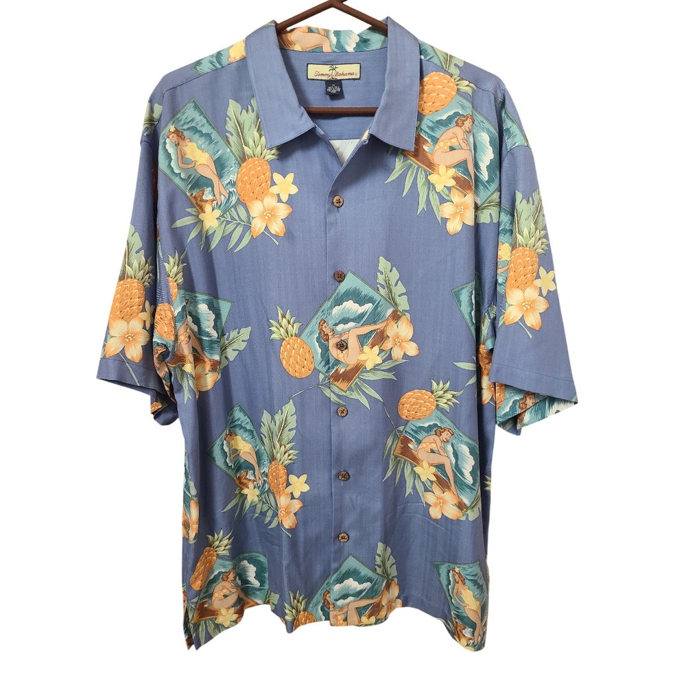 Tommy Bahama Hawaiian Shirt XL Silk Vintage Pinup Pineapple Hibiscus Surf Beach